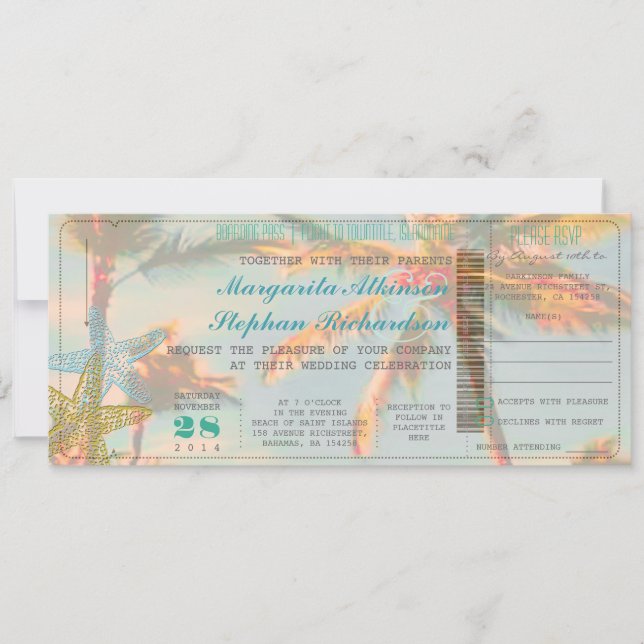 PixDezines Boarding Pass+Vintage Hochzeit am Stran Einladung (Vorderseite)