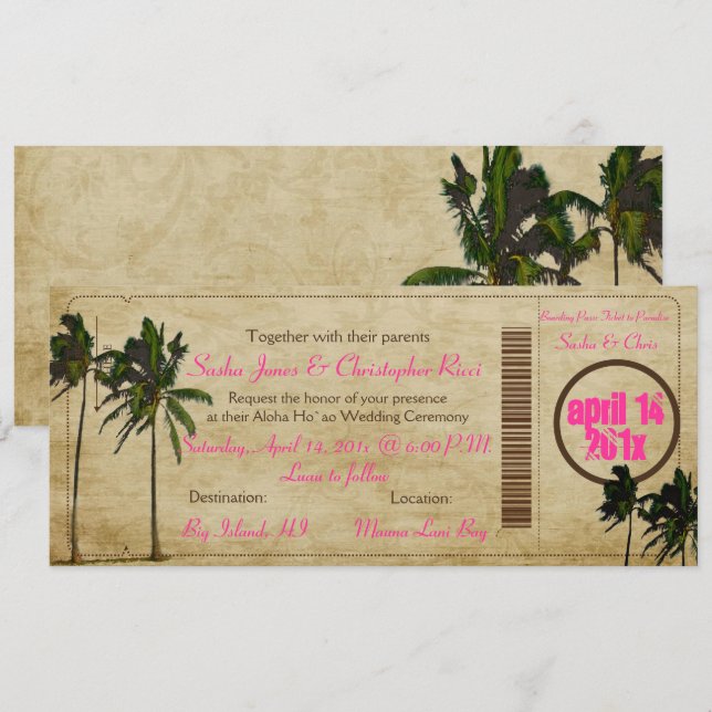 PixDezines Boarding Pass/Vintagen Zwillingspalmen Einladung (Vorne/Hinten)