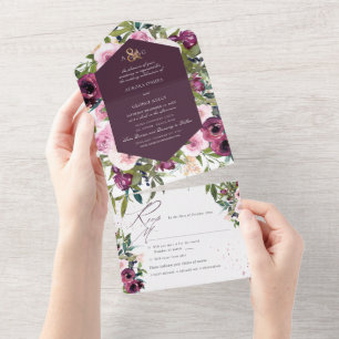 PixDezines Boho Burgundy Pink Peonies All In One Einladung