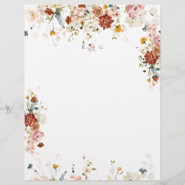 PixDezines Boho Garden Blume Couple Monogram Briefbogen (Vorderseite)