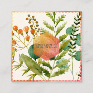 PixDezines Botanische Aquarell, Mohn+Farne Quadratische Visitenkarte