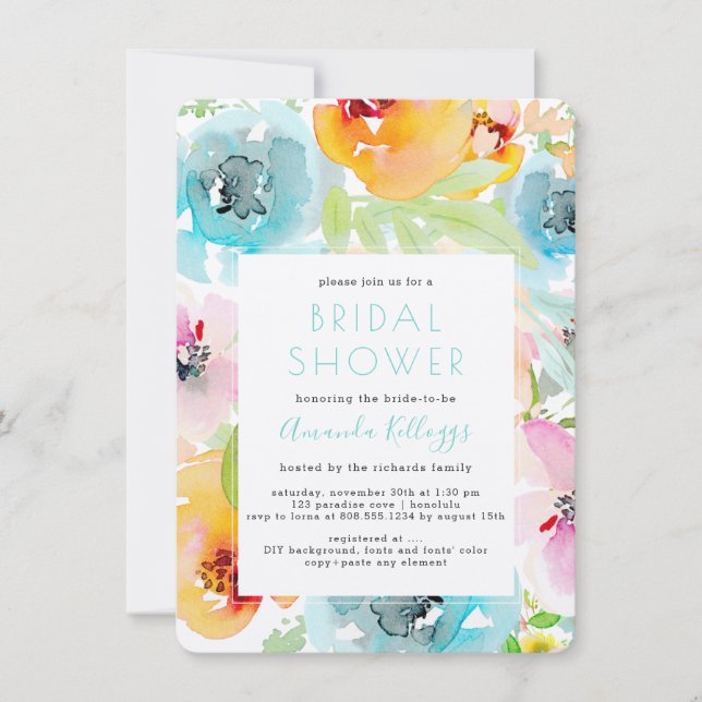PixDezines Brautparty Wasserfarbene Frühlingsflora Einladung (Vorderseite)