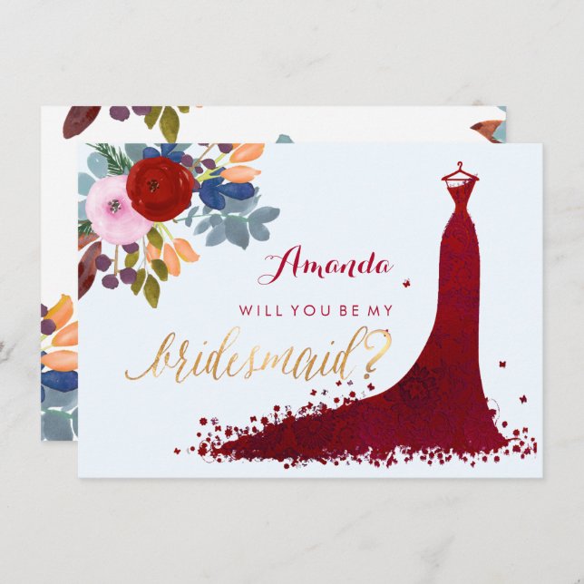 PixDezines Bridesmaid/Floral/Wasserfarbe/Rot Einladung (Vorne/Hinten)