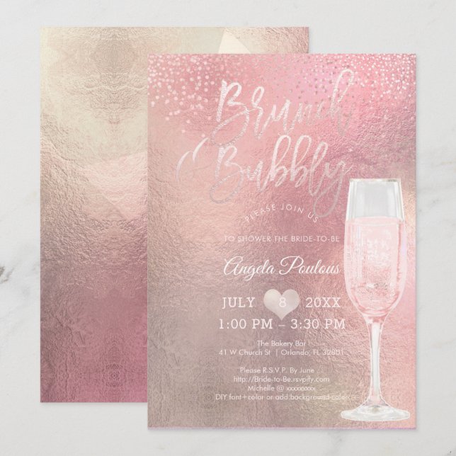 PixDezines Brunch Bubbly/Confetti+Ombre Rose Einladung (Vorne/Hinten)