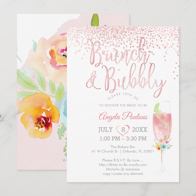 PixDezines Brunch Bubbly/Pink+Silver Confetti Einladung (Vorne/Hinten)