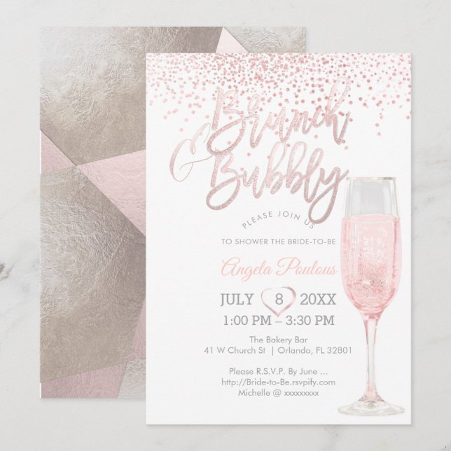 PixDezines Brunch Bubbly/Pink+Silver Confetti Einladung (Vorne/Hinten)