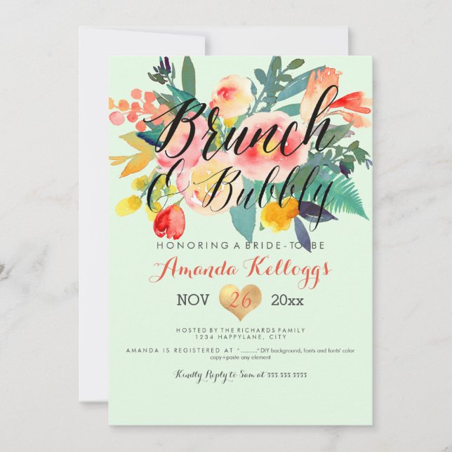 PixDezines Brunch & Bubbly Spring Floral/Coral+Min Einladung (Vorderseite)