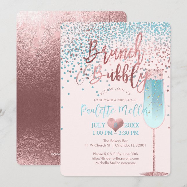 PixDezines Brunch N Bubbly/Rose Gold/Blue Confetti Einladung (Vorne/Hinten)