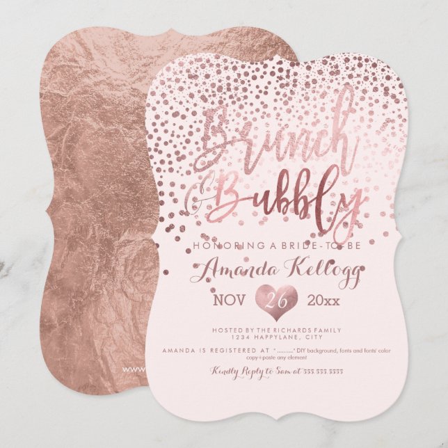 PixDezines Brunch N Bubbly/Rose Gold Confetti Einladung (Vorne/Hinten)
