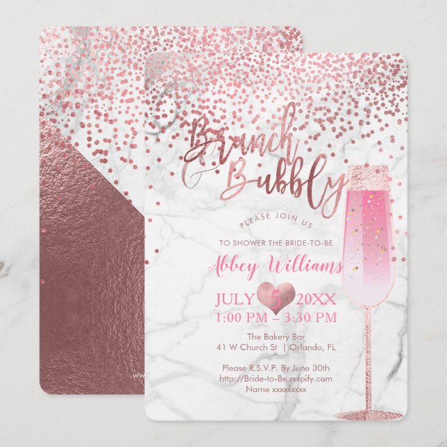 PixDezines Brunch N Bubbly/Rose Gold/Confetti Einladung (Vorne/Hinten)