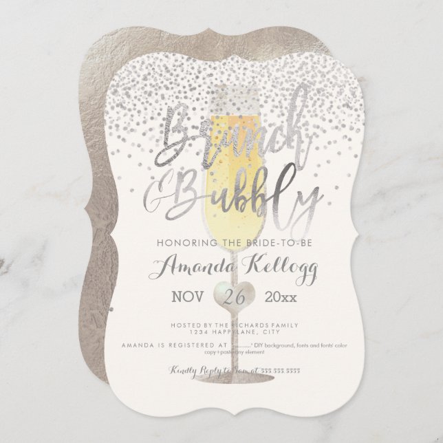 PixDezines Brunch N Bubbly/Silver Confetti Einladung (Vorne/Hinten)