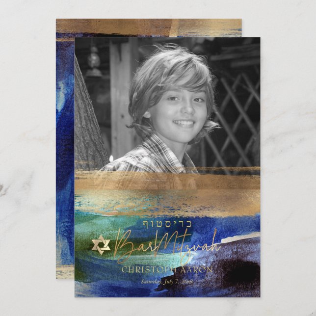 PixDezines Brushed Watercolor Blue Bar Mitzvah Einladung (Vorne/Hinten)