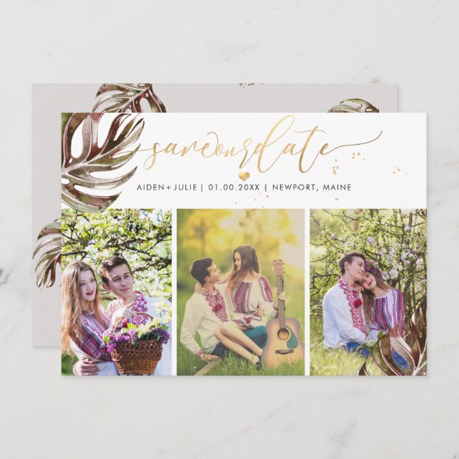 PixDezines Burgundy Monstera Imitate Gold Save The Date (Vorne/Hinten)