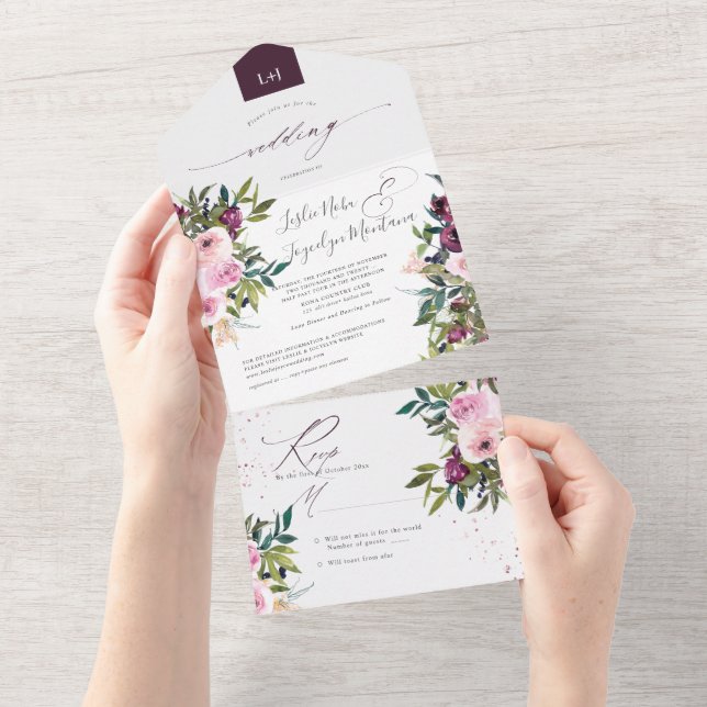 PixDezines Burgundy Pink Peonies All In One Einladung (Abreißen)