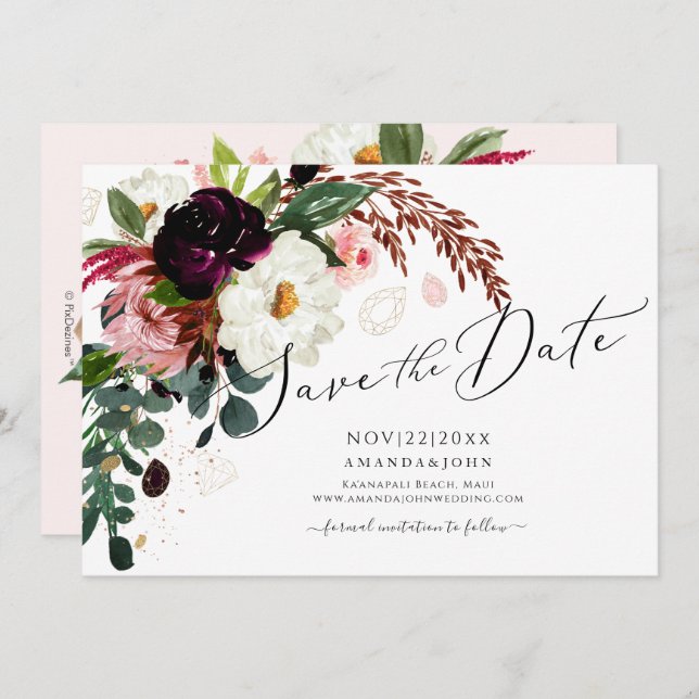 PixDezines Burgundy Rustic Bloom, Save the Date Einladung (Vorne/Hinten)