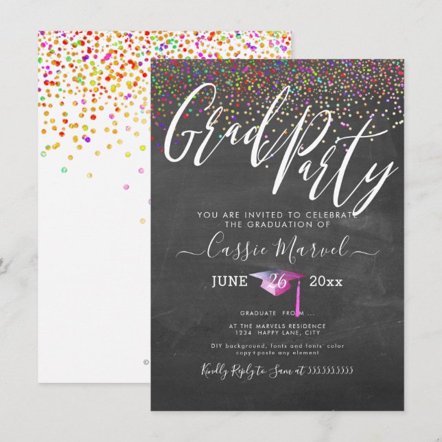 PixDezines Chalkboard Confetti Grad Party Einladung (Vorne/Hinten)