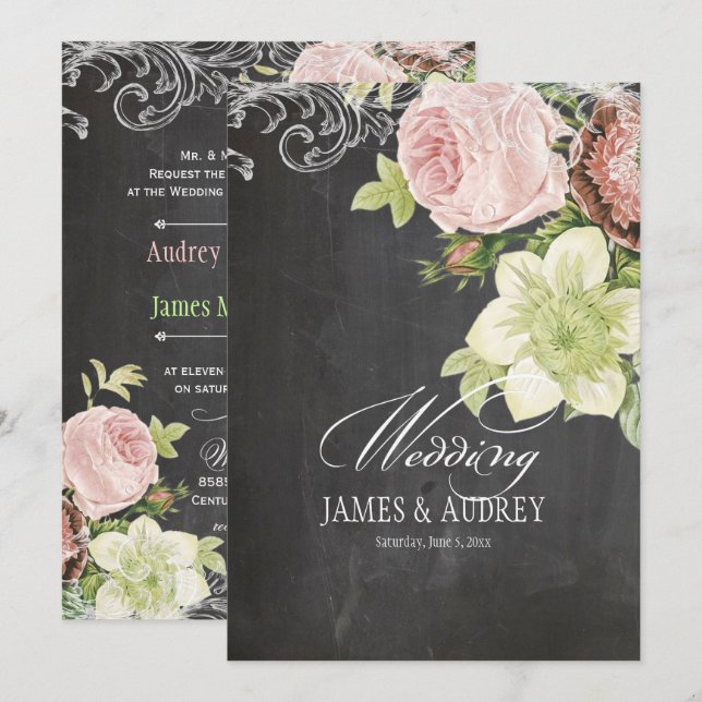 PixDezines CHALKBOARD/ROKOKO/VINTAGE ROSE Einladung (Vorne/Hinten)