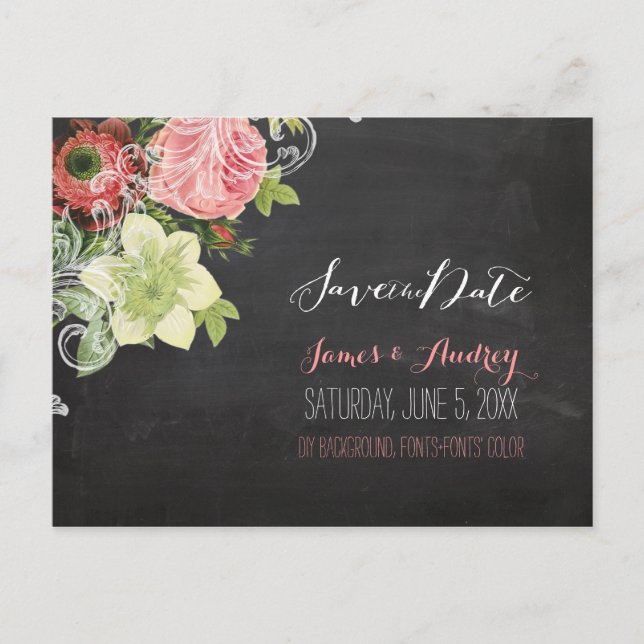 PixDezines Chalkboard Save the Date/Vintage Rose Ankündigungspostkarte (Vorderseite)