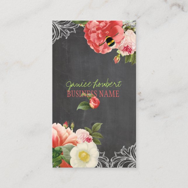 PixDezines Chalkboard+Vintage Peonies Visitenkarte (Vorderseite)