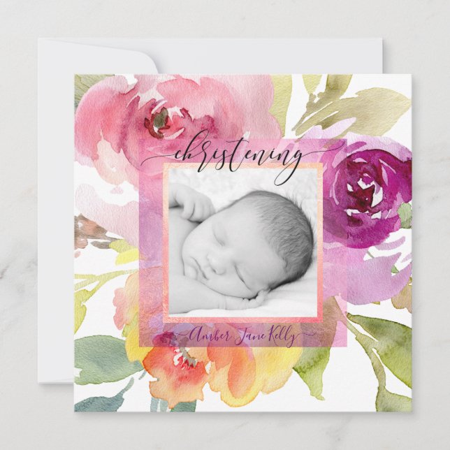 PixDezines Christening Bold Watercolor-Blume Einladung (Vorderseite)