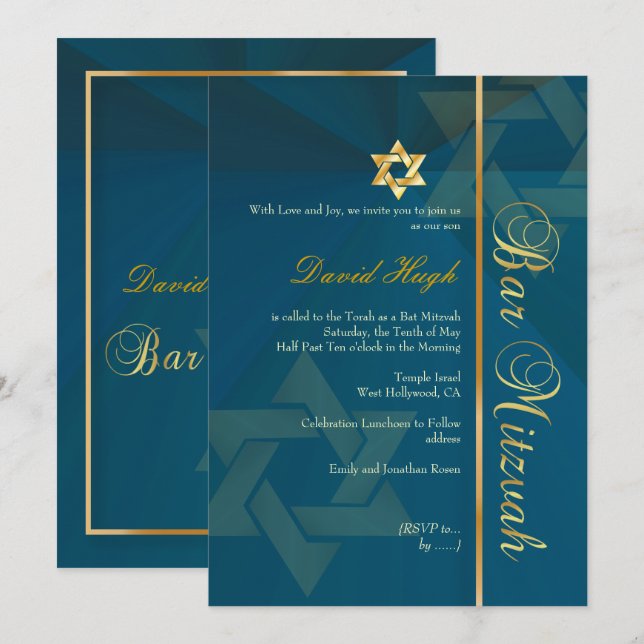 PixDezines CLASSIC BAR MITZVAH/AQUAMARINER BLAU+GO Einladung (Vorne/Hinten)
