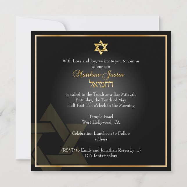 PixDezines Classic Bar Mitzvah/gold+schwarz Einladung (Vorderseite)