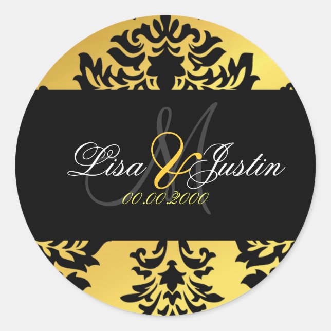 PixDezines Damask Monogramm Hochzeitsaufkleber Runder Aufkleber (Vorderseite)