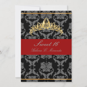 PixDezines Damask Sweet 16/ tiara/black/red velvet Einladung