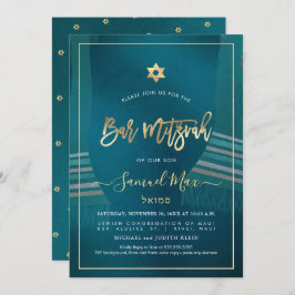 PixDezines Dark Aquamarin+GoldTalitz Bar Mitzvah Einladung