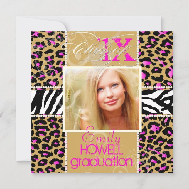 PixDezines diy 2012 Grads, rosa cheetah+zebra Einladung (Vorderseite)