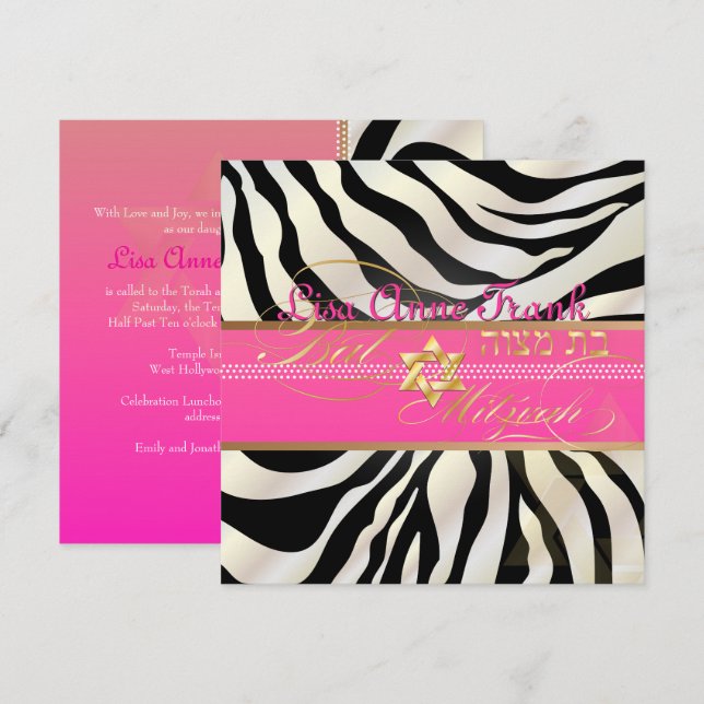 PixDezines DIY color/natural Zebra, Bat Mitzvah Einladung (Vorne/Hinten)