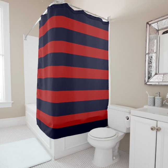 PixDezines DIY Colors Red Navy Stripes einstellbar Duschvorhang (Beispiel)