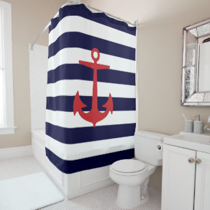 PixDezines DIY Farbe Nautische Streifen/roter Anke Duschvorhang