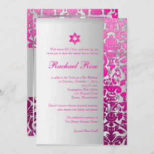 PixDezines DIY flora Damask/Mitzvah/pink/silber Einladung
