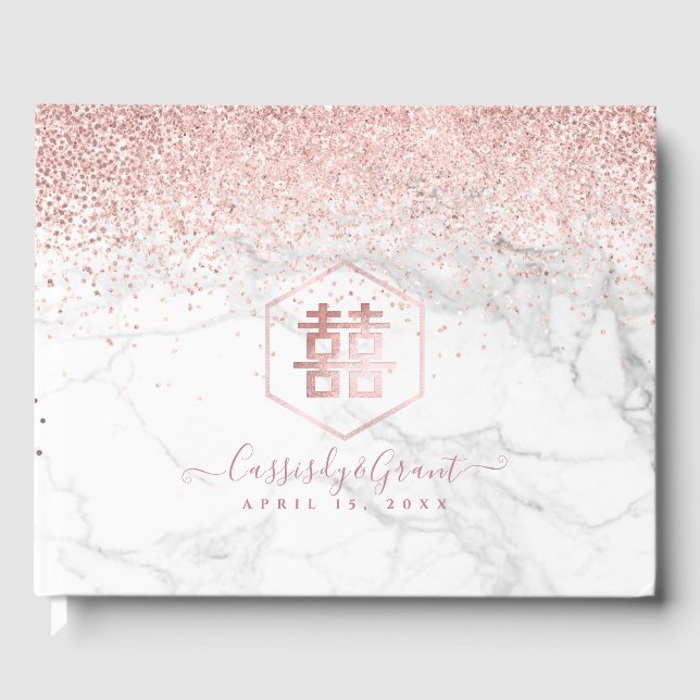 PixDezines Double Happiness Marble Rose Gold Gästebuch (Vorderseite)
