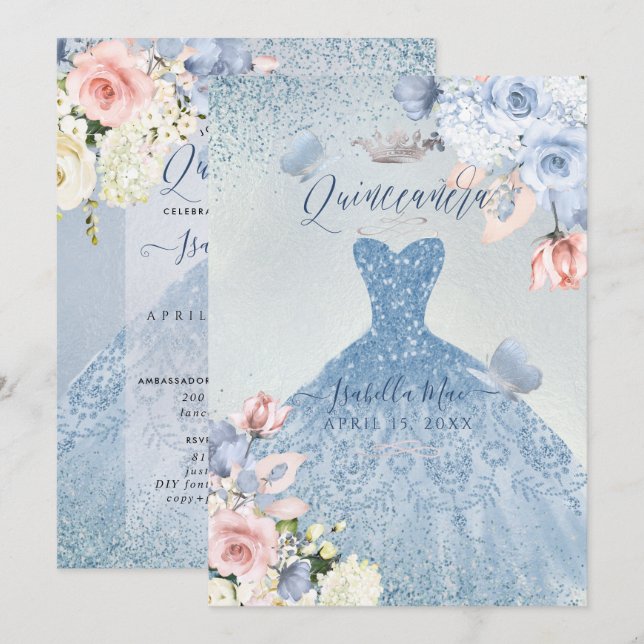 PixDezines Dusty Blue Blush Rose Quinceanera Einladung (Vorne/Hinten)