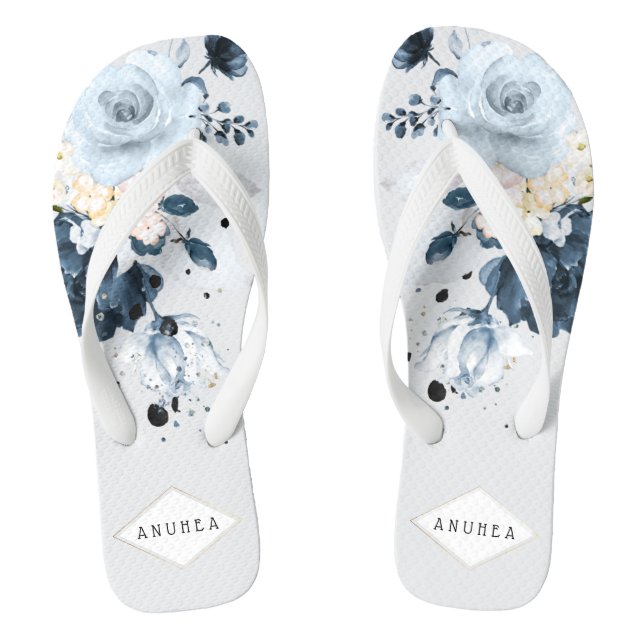 PixDezines Dusty Blue + Navy Wasserfarbe Rose Flip Flops (Fußbett)