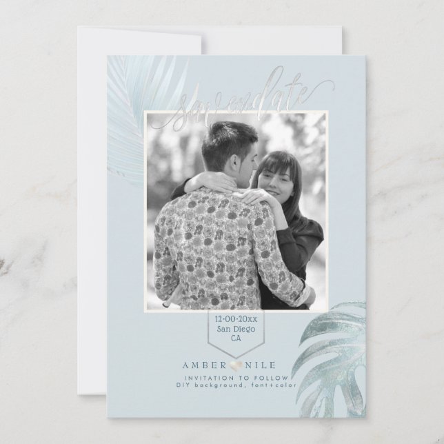 PixDezines Dusty Blue Rett Date/Silver Palms Save The Date (Vorderseite)