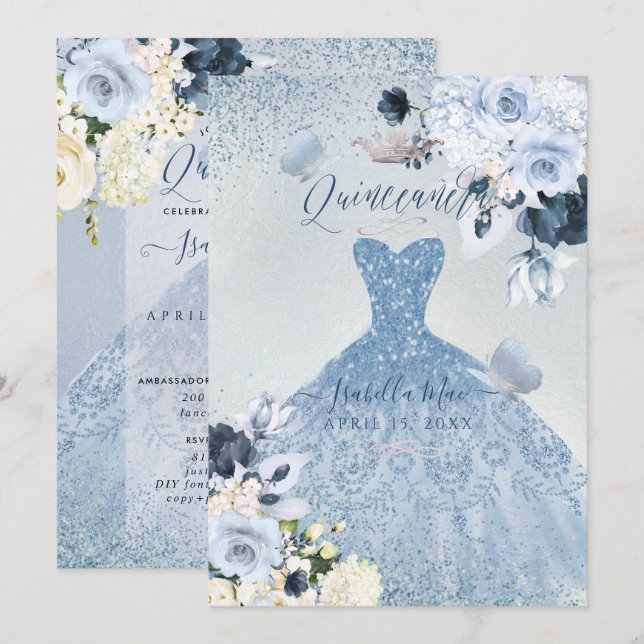 PixDezines Dusty Blue Rose Quinceanera Einladung (Vorne/Hinten)