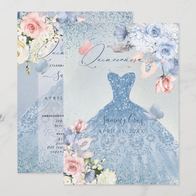 PixDezines Dusty Blue Rose Quinceanera Einladung (Vorne/Hinten)