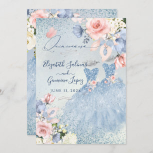 PixDezines Dusty Blue Rose Twins Quinceanera Einladung