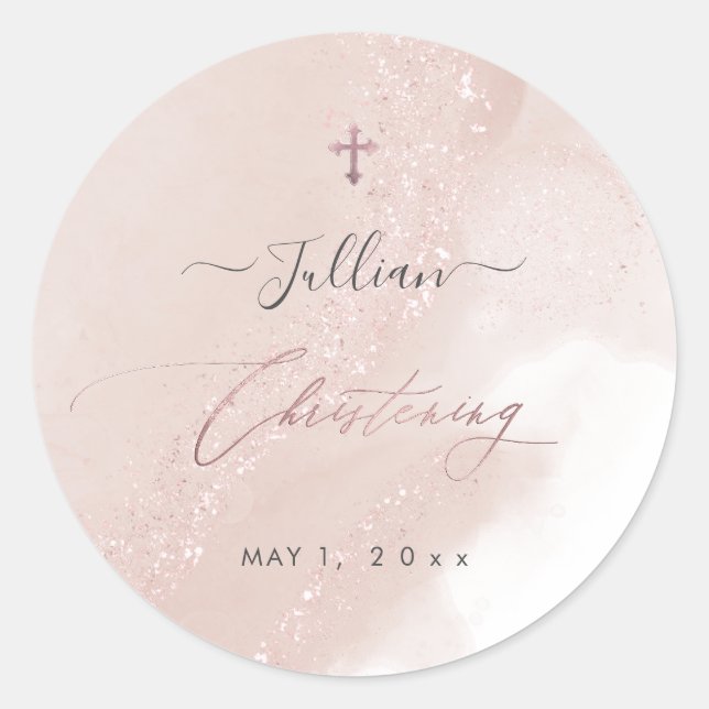 PixDezines Dusty Pink Rose Gold Christening Runder Aufkleber (Vorderseite)