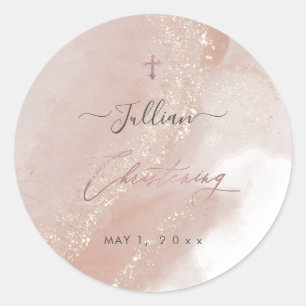 PixDezines Dusty Pink Rose Gold Christening Runder Aufkleber