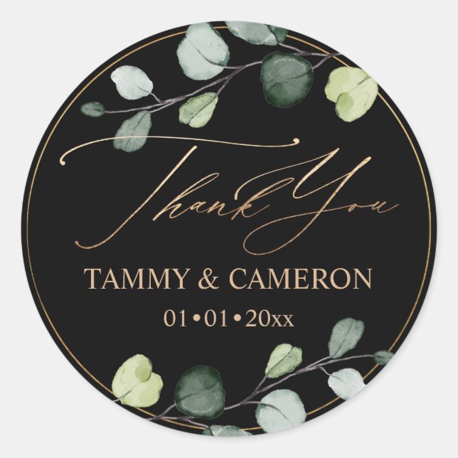 PixDezines Elegant Black Green Gold Eucalyptus Runder Aufkleber (Vorderseite)