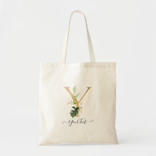 PixDezines Faux Gold Monogram Tropicales Blattwerk Tragetasche
