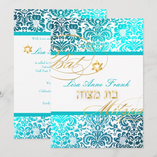 PixDezines FIDORA DAMASK BAT MITZVAH, TURQUOISE Einladung (Vorne/Hinten)