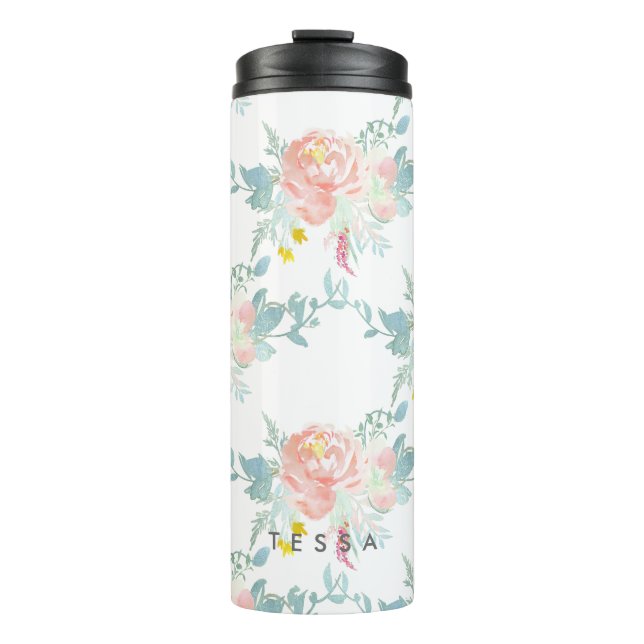 PixDezines Floral/Aquarell/Peonies/Pfirsich+Mint Thermosbecher (Vorderseite)