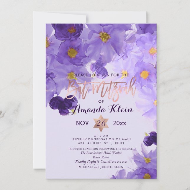 PixDezines Floral Watercolor Bat Mitzvah Einladung (Vorderseite)