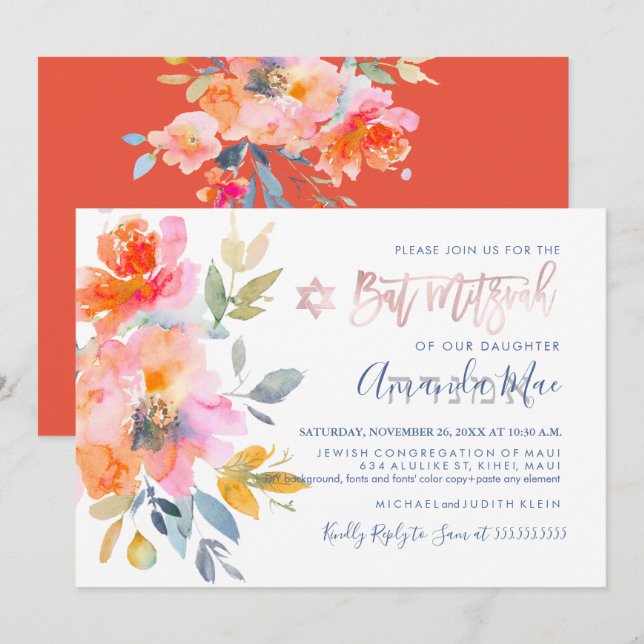 PixDezines Floral Watercolor Bat Mitzvah, Ombre Einladung (Vorne/Hinten)