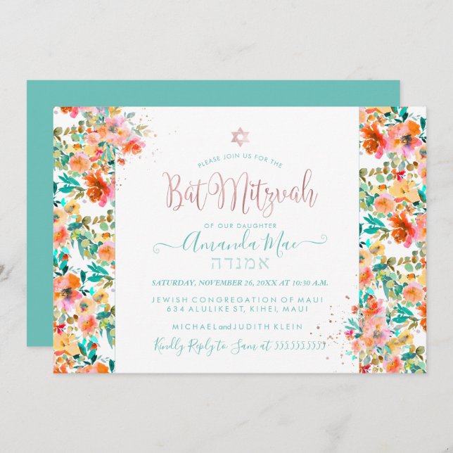 PixDezines Floral Watercolor Bat Mitzvah, Orange Einladung (Vorne/Hinten)